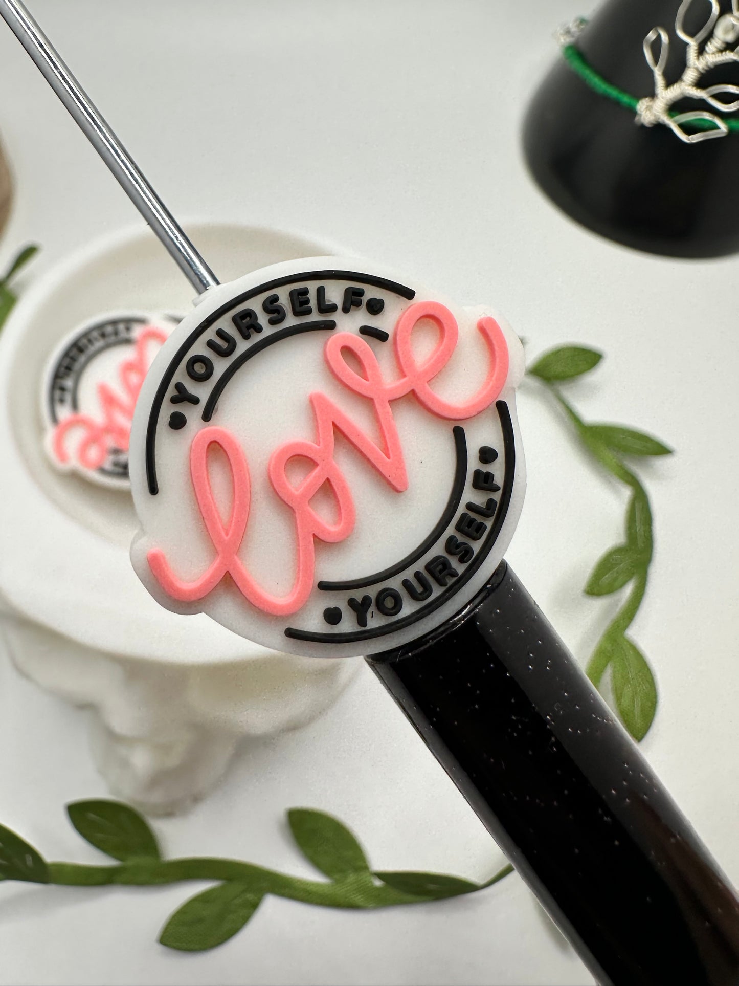love yourself bead, Silicone focal bead, cute bead for pens, bead for beadable items, bead double sided, single bead 26mm