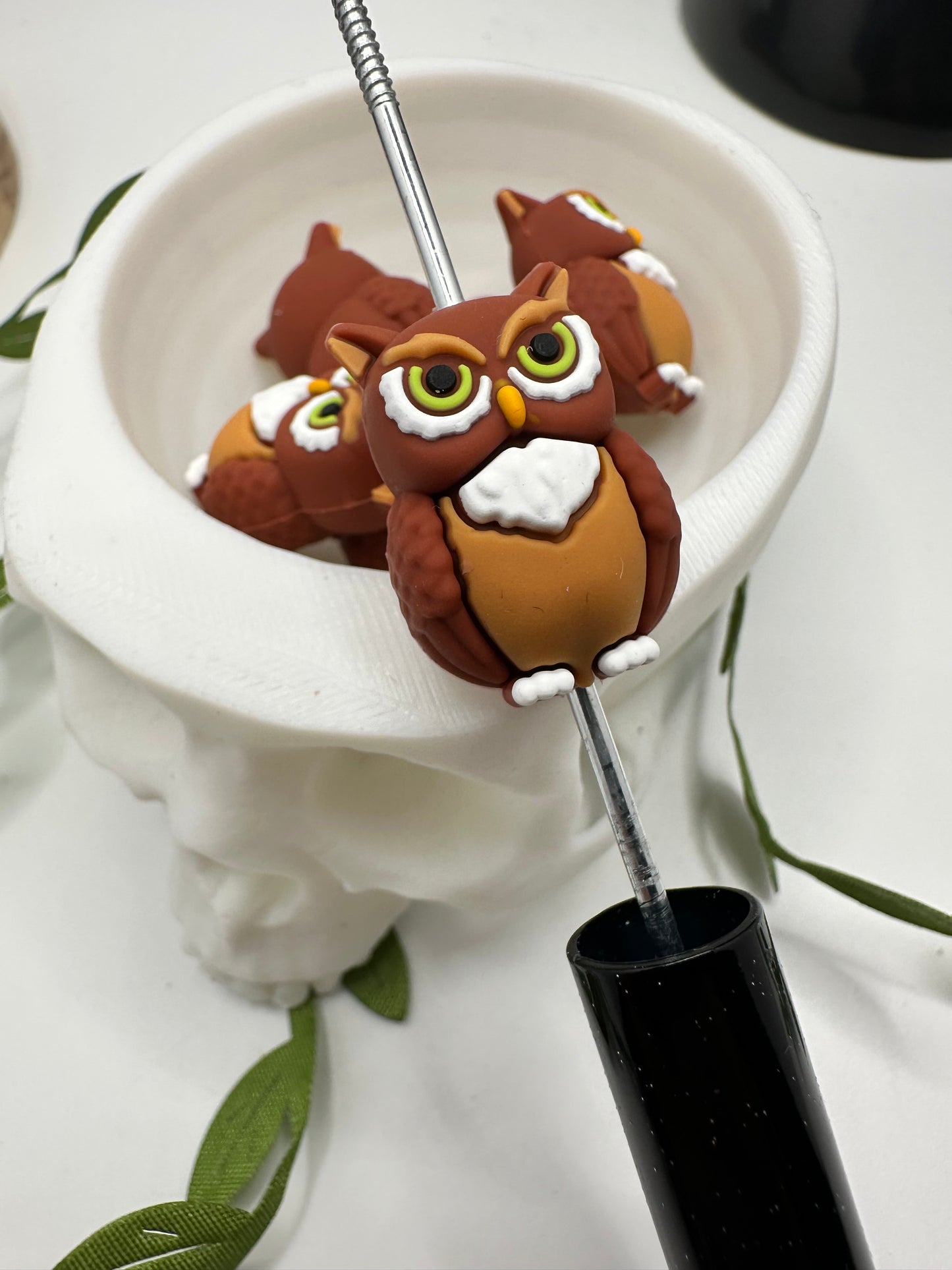 3D Owl Bead, cute silicone bead, beads for pens,  printed silicone bead, focal bead, 24mm