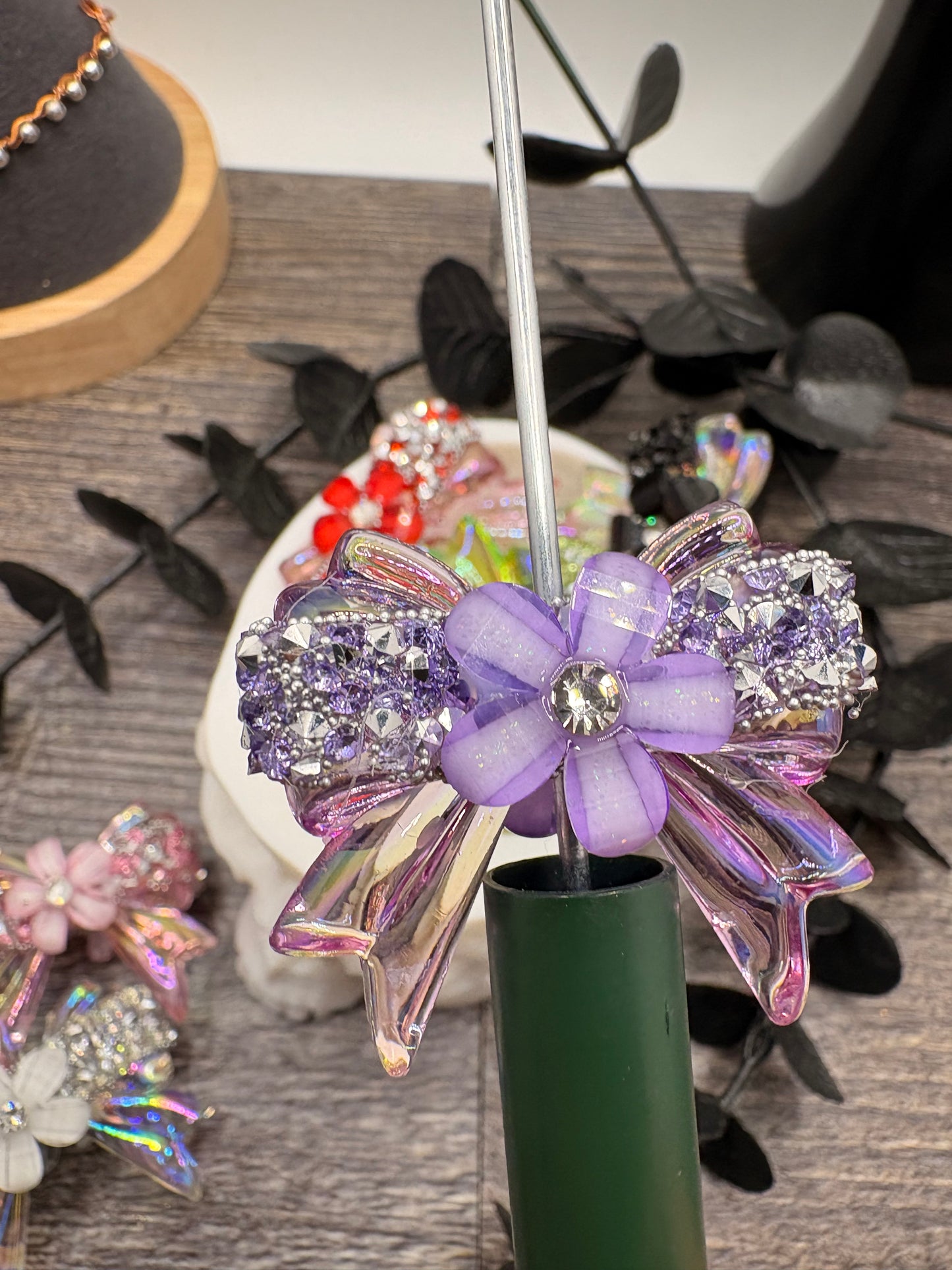 Sugar and Silver Rhinestone Bows: Bows and  Flower Bead, 32mm, 1pc