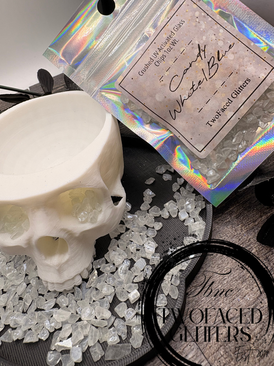 Candy White: UV Activated Blue Glow Crushed glass 1oz Wt. Not edible