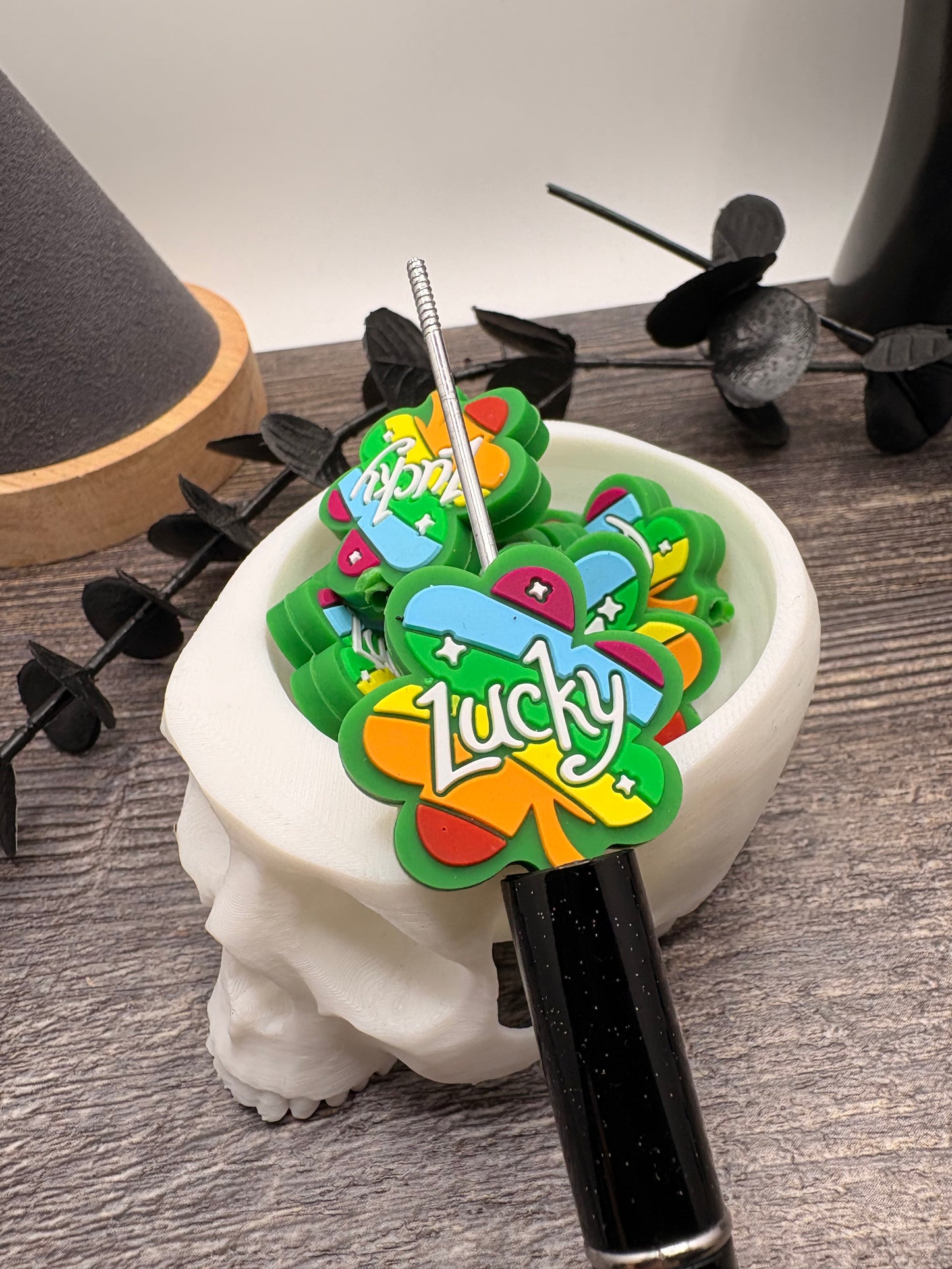 Shamrock Lucky pen bead colorful, crafting beads, supplies, focal, silicone supply bead, silicone focal for beadable items, 29.5mm