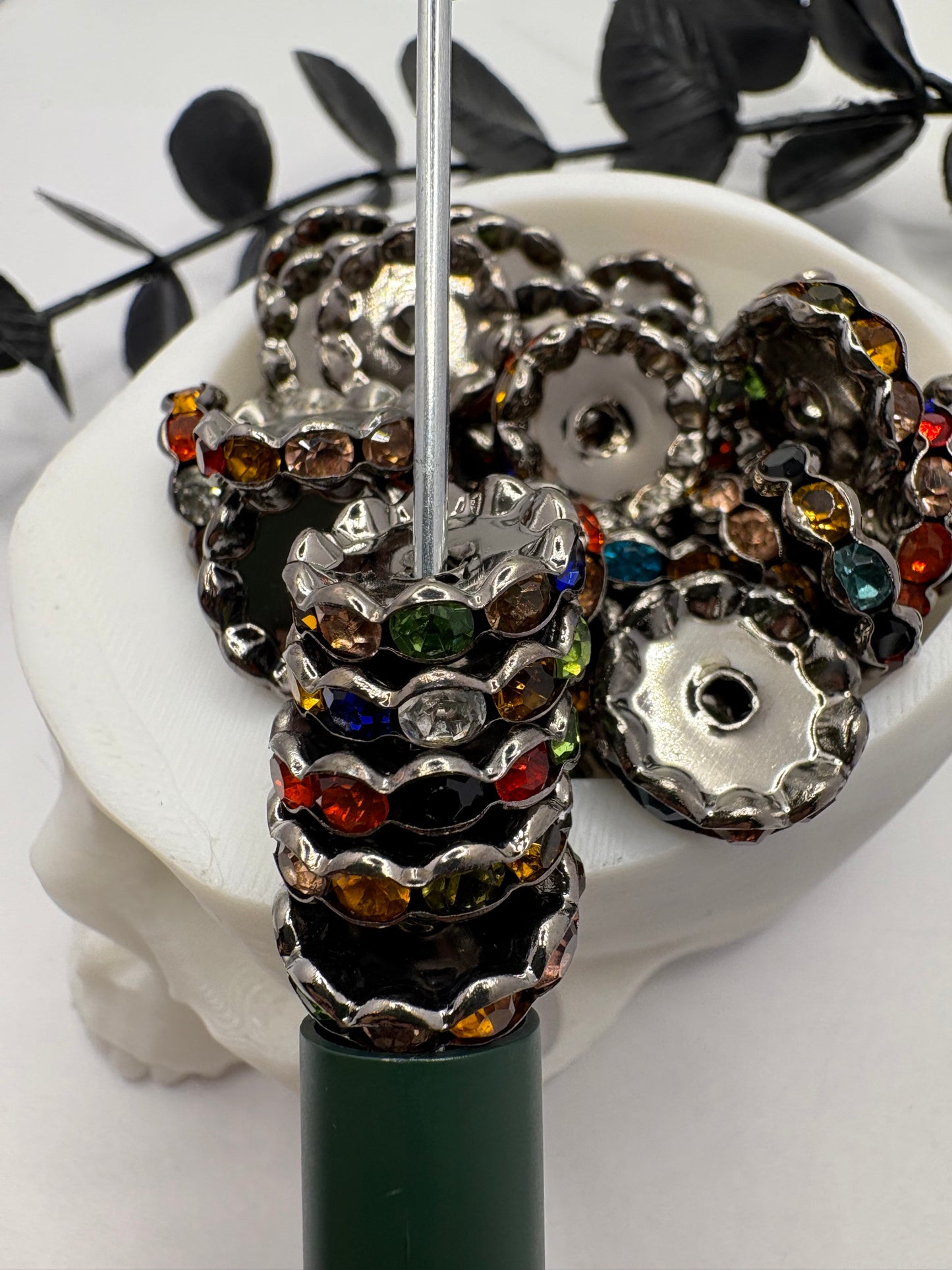 Multicolored Gunmetal Rhinestone bead spacer, 14.5mm for pens, beading supplies, beading, 10pc spacers