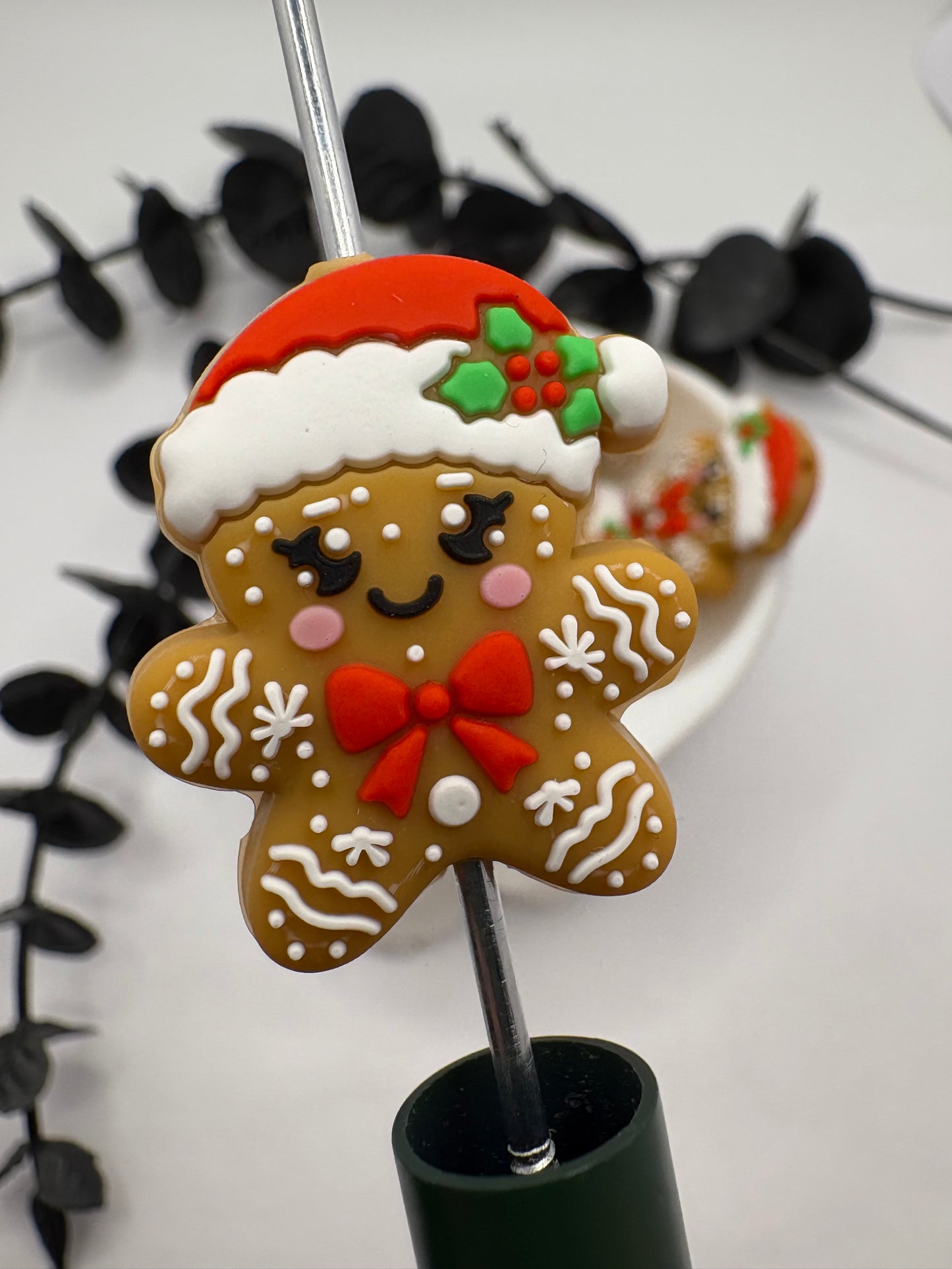 Gingerbread Bead, Silicone focal bead, cute bead for pens, double sided print 31mm, 1pc