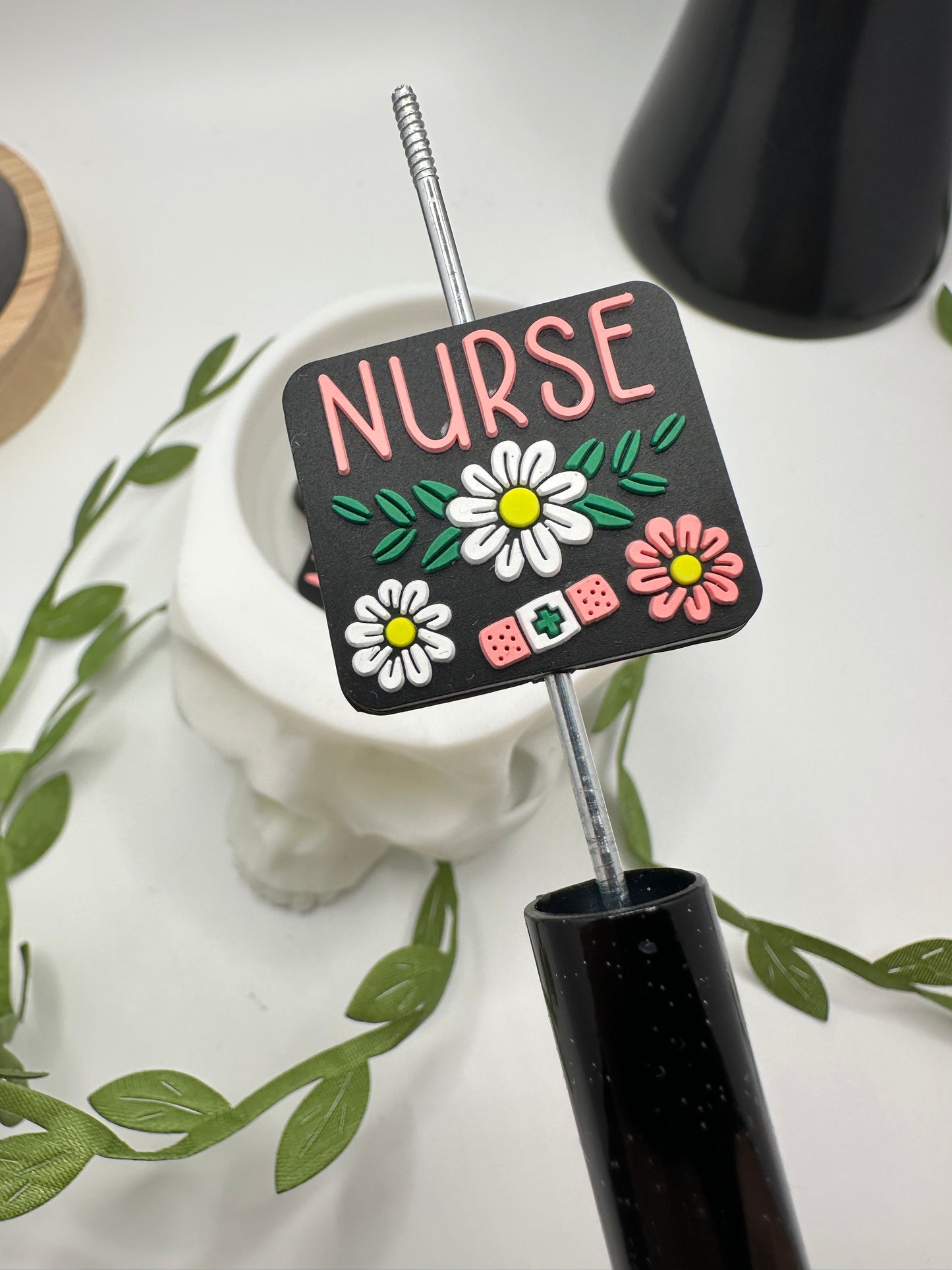 Nurse Floral bead, bead for pens, crafting beads, supplies, focal, supply bead, silicone focal beadable items, 1pc, 25.5mm