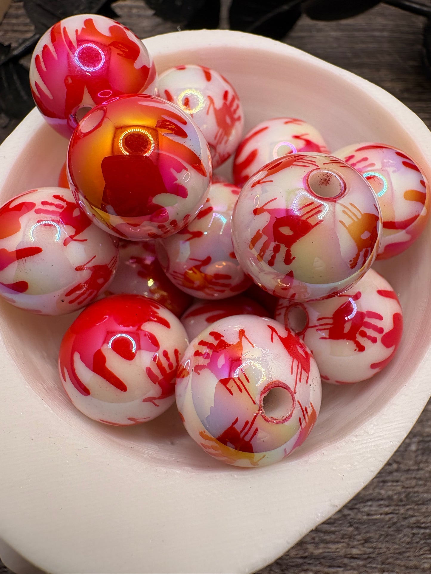 Handprint Red Splattered UV bubblegum bead, acrylic 16mm beads for pens