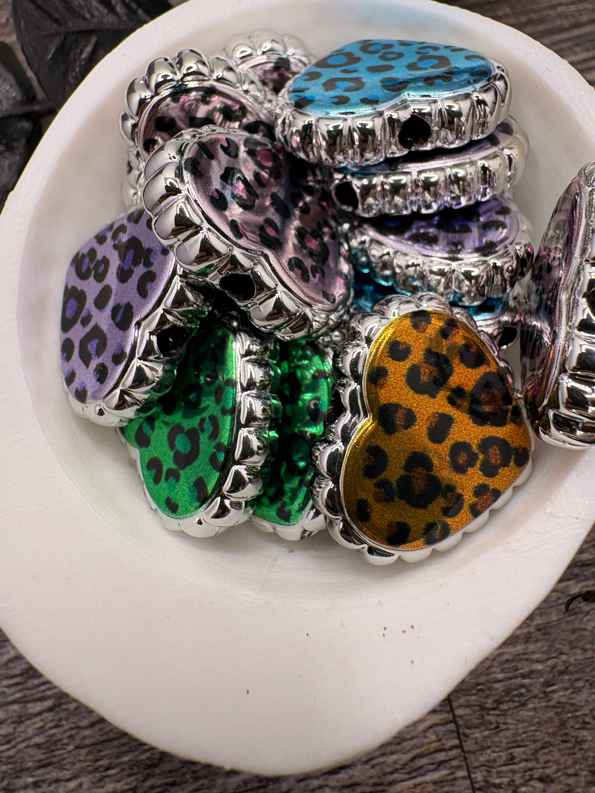 Leopard Heart beads, acrylic 19.5mm beads for pens, beading supplies, beading, mix colored hearts 5pc