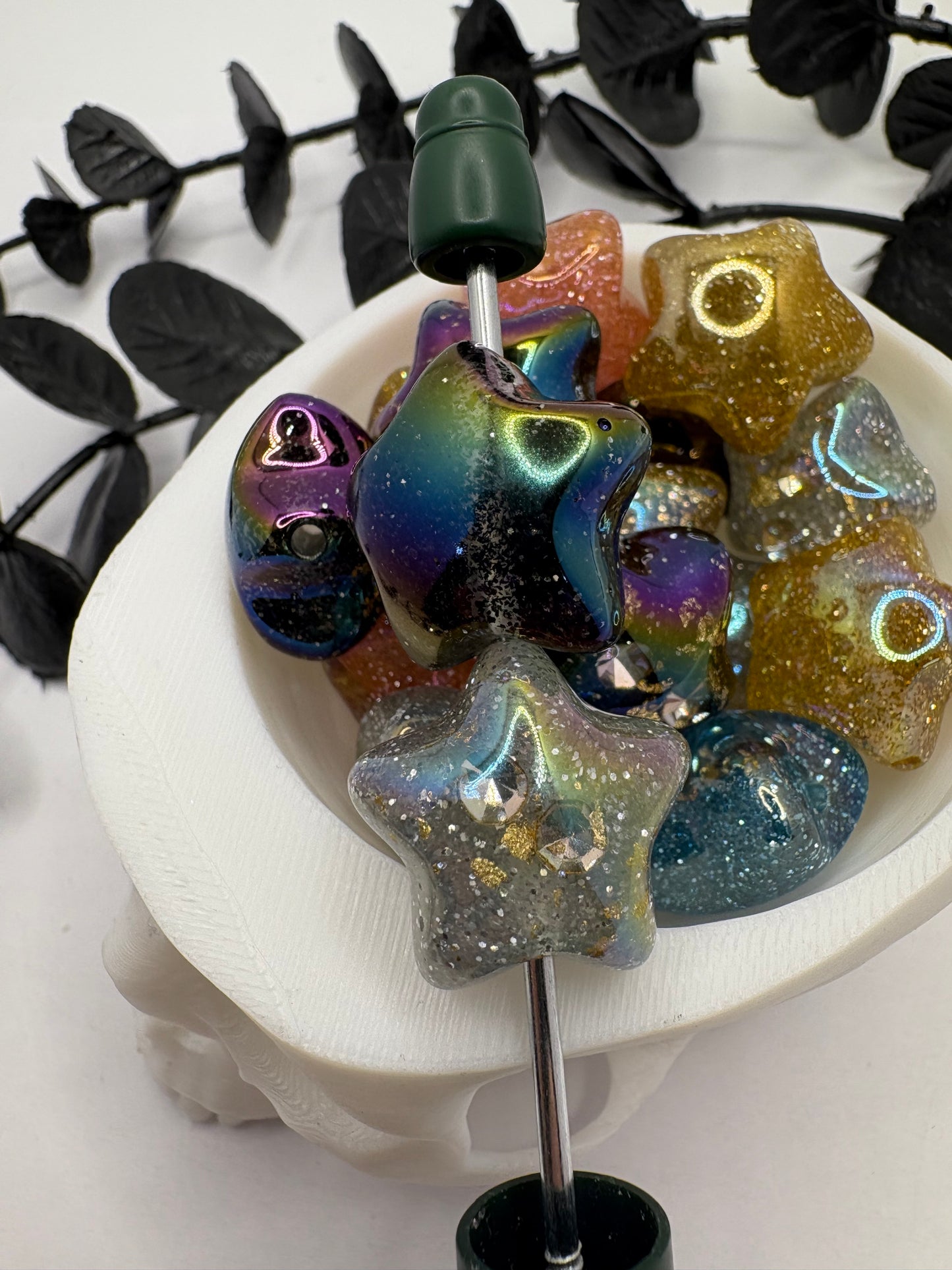 Glitter jeweled Stars bead, acrylic beads for pens, beading supplies, beading, 18mm, beads for keychain, 5pc mix