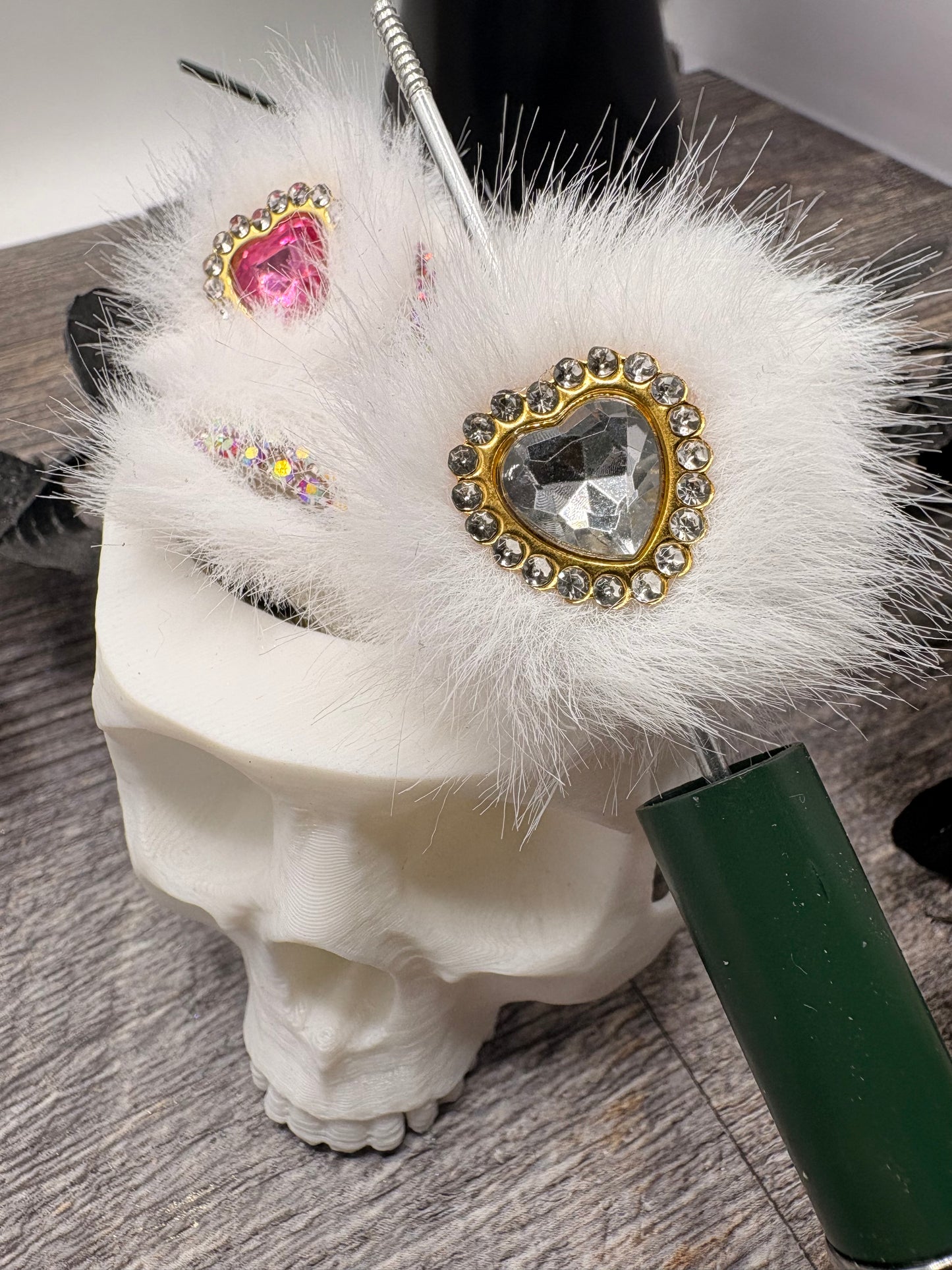 Faux Fluff Jeweled Heart Bead: 22.5mm beads for pens, beading supplies, beading, 1pc