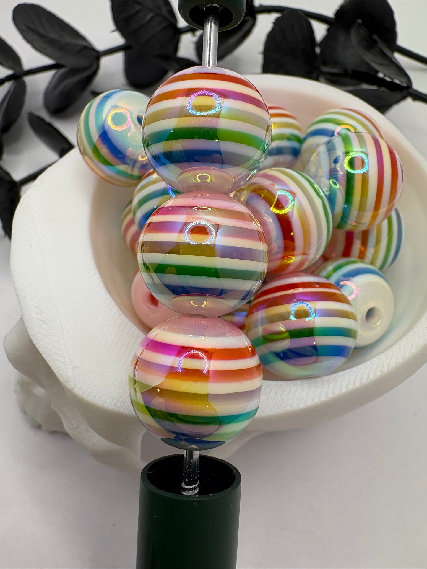 Rainbow striped bubblegum bead, acrylic 14mm beads for pens, beading supplies, beading 5pc