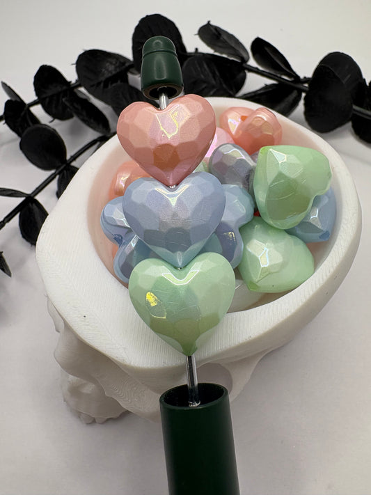 Gem pastel heart 5pc bead, acrylic 17mm beads for pens, beading supplies, 5pc mix