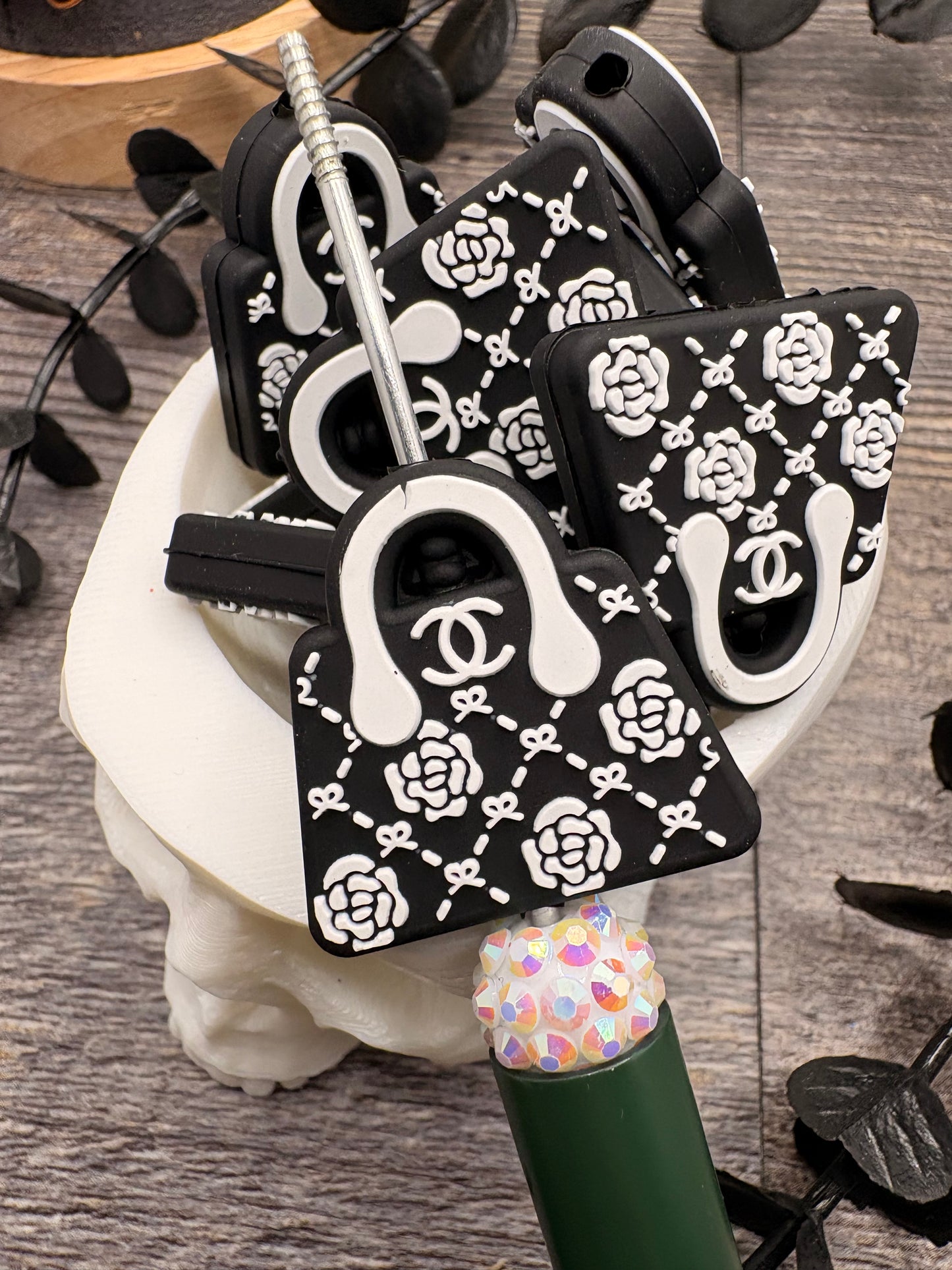 Fancy Black and White Rose Purse bead, Silicone focal, silicone bead for pens, crafting beads, supply focal, 27.5mm, 1pc