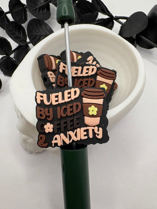 Fueled by coffee funny Bead, Silicone focal bead, cute bead for pens, double sided print 30.5mm, 1pc