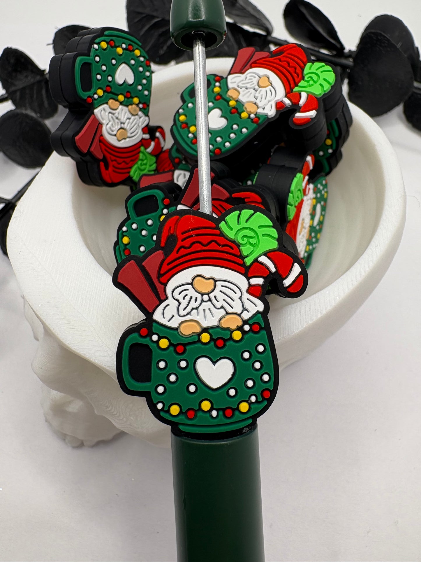 Christmas Gnome Mug Bead, Silicone focal bead, cute bead for pens, double sided print 30mm, 1pc