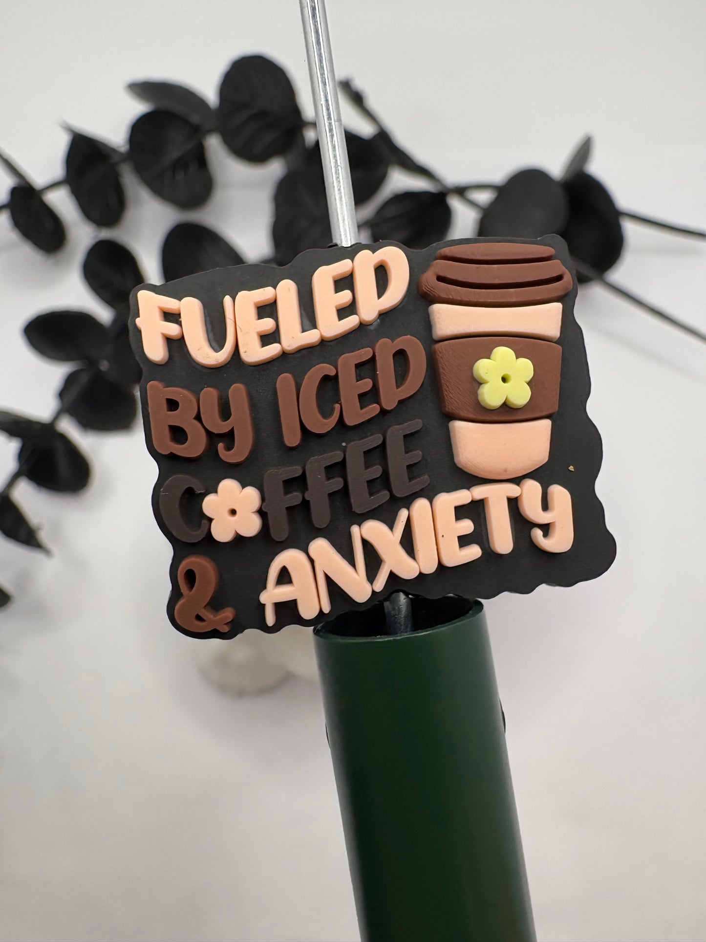 Fueled by coffee funny Bead, Silicone focal bead, cute bead for pens, double sided print 30.5mm, 1pc