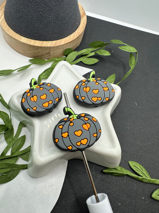 Pumpkin with heart print, silicone focal bead, 26.5mm, beads for pens