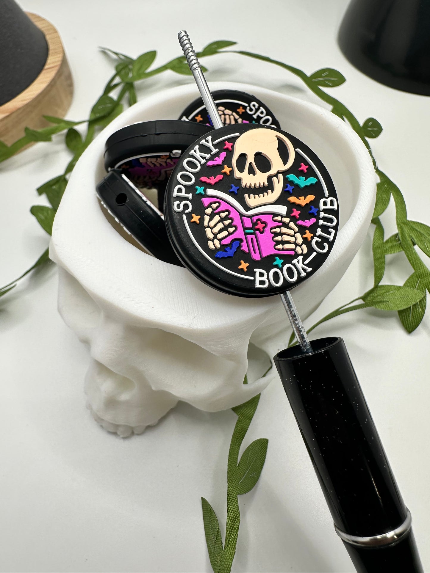 Spooky Book Club, bead for pens, crafting beads, supplies, focal, supply bead, silicone focal  beadable items,  1pc 30mm