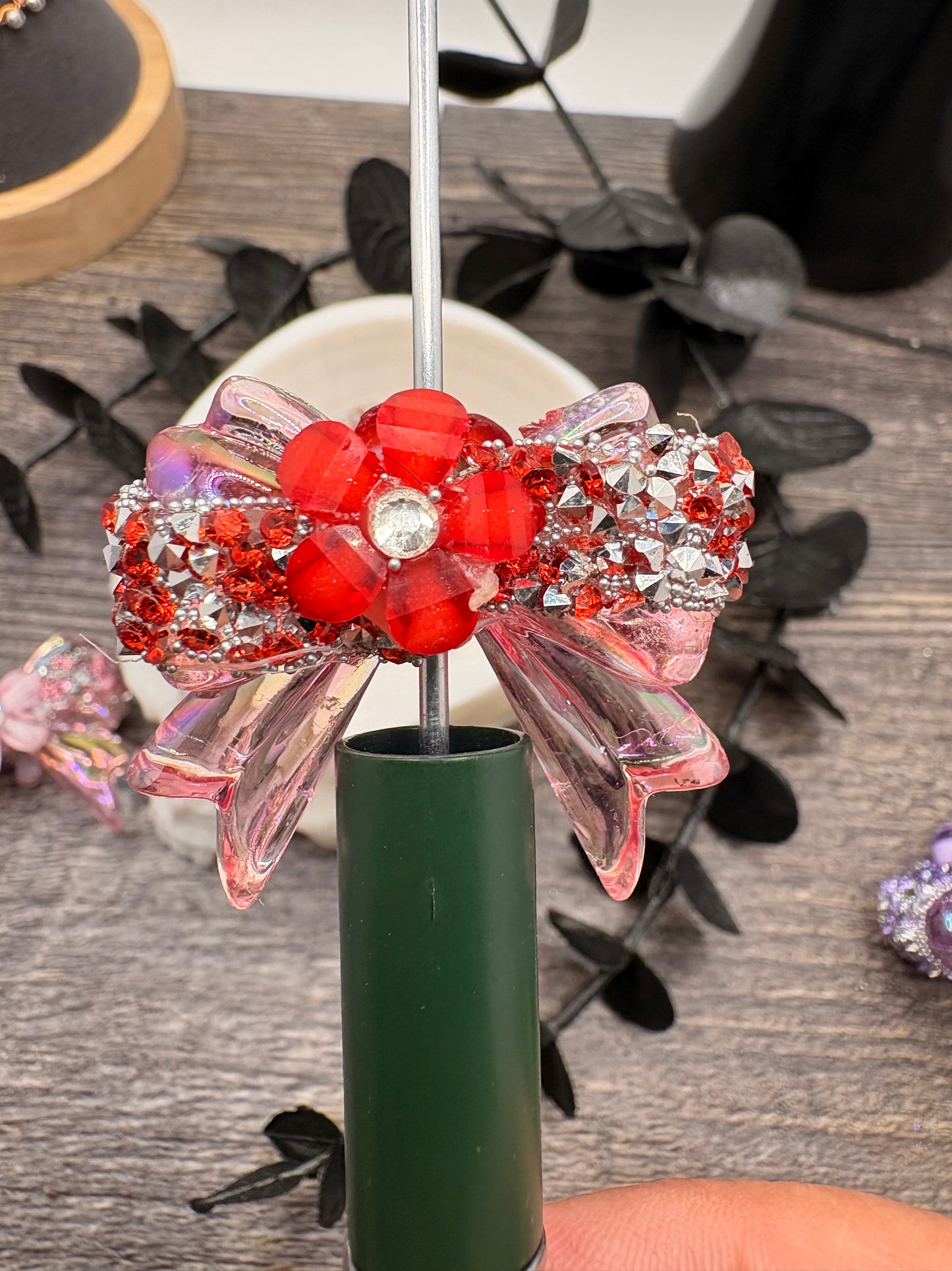 Sugar and Silver Rhinestone Bows: Bows and  Flower Bead, 32mm, 1pc