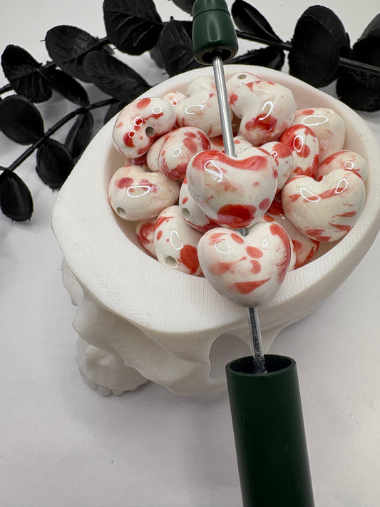 Ceramic Heart red splattered beads, 10mm beads for pens, beading supplies, 5pc ceramic beads