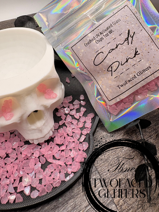 Candy Pink: UV Activated Crushed glass 1oz Wt. Not edible
