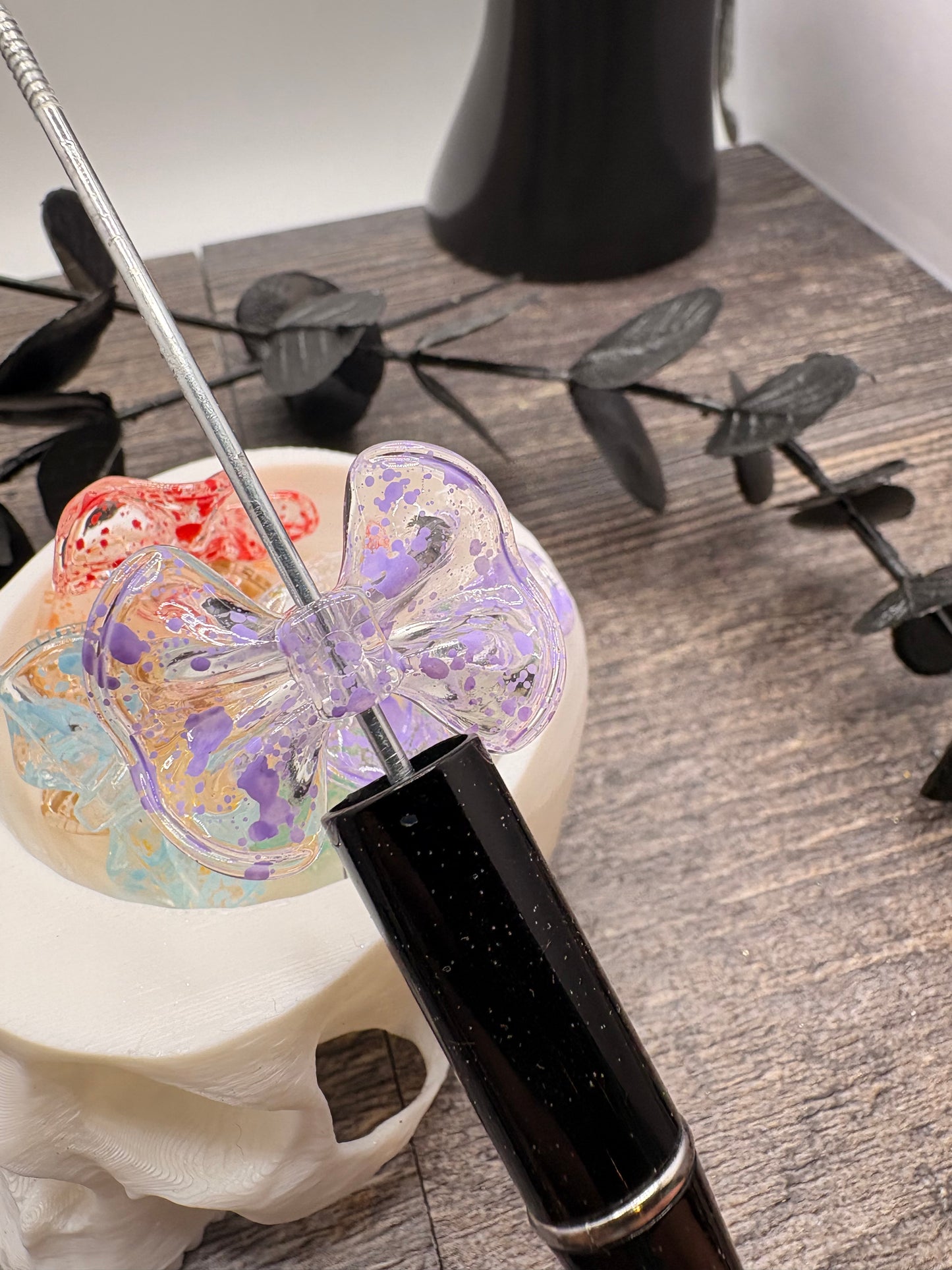 Ink Splattered Bow Bead, acrylic beads for pens, beading supplies, beading, 23mm, 5pc mix