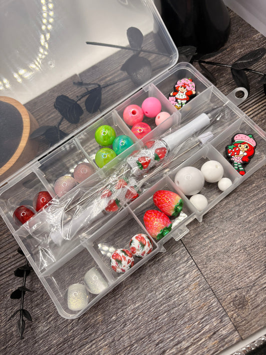 Strawberry Short diy beaded pen kit, 2 pen set, bead mix with silicone focals, 25pc per kit