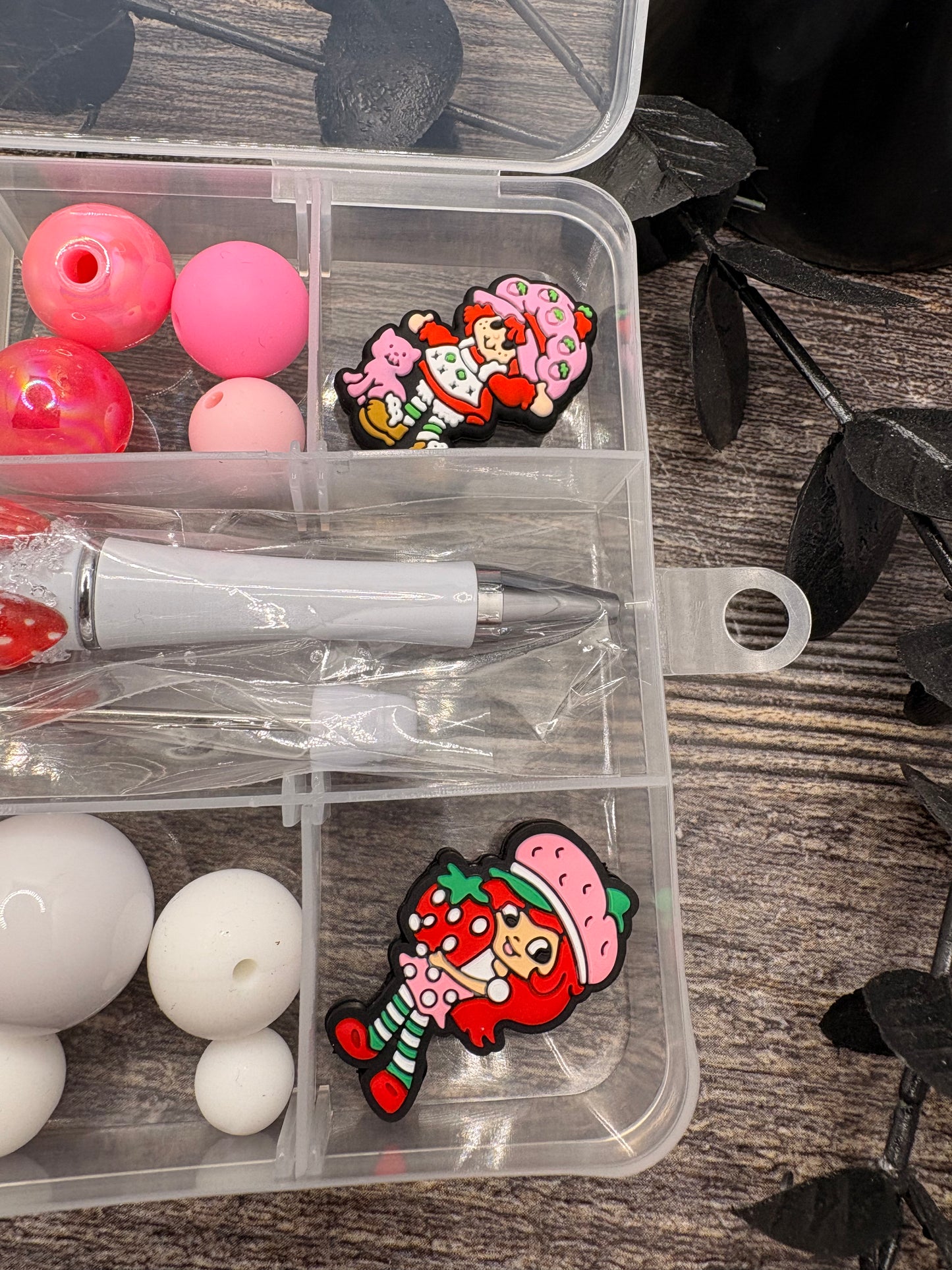 Strawberry Short diy beaded pen kit, 2 pen set, bead mix with silicone focals, 25pc per kit