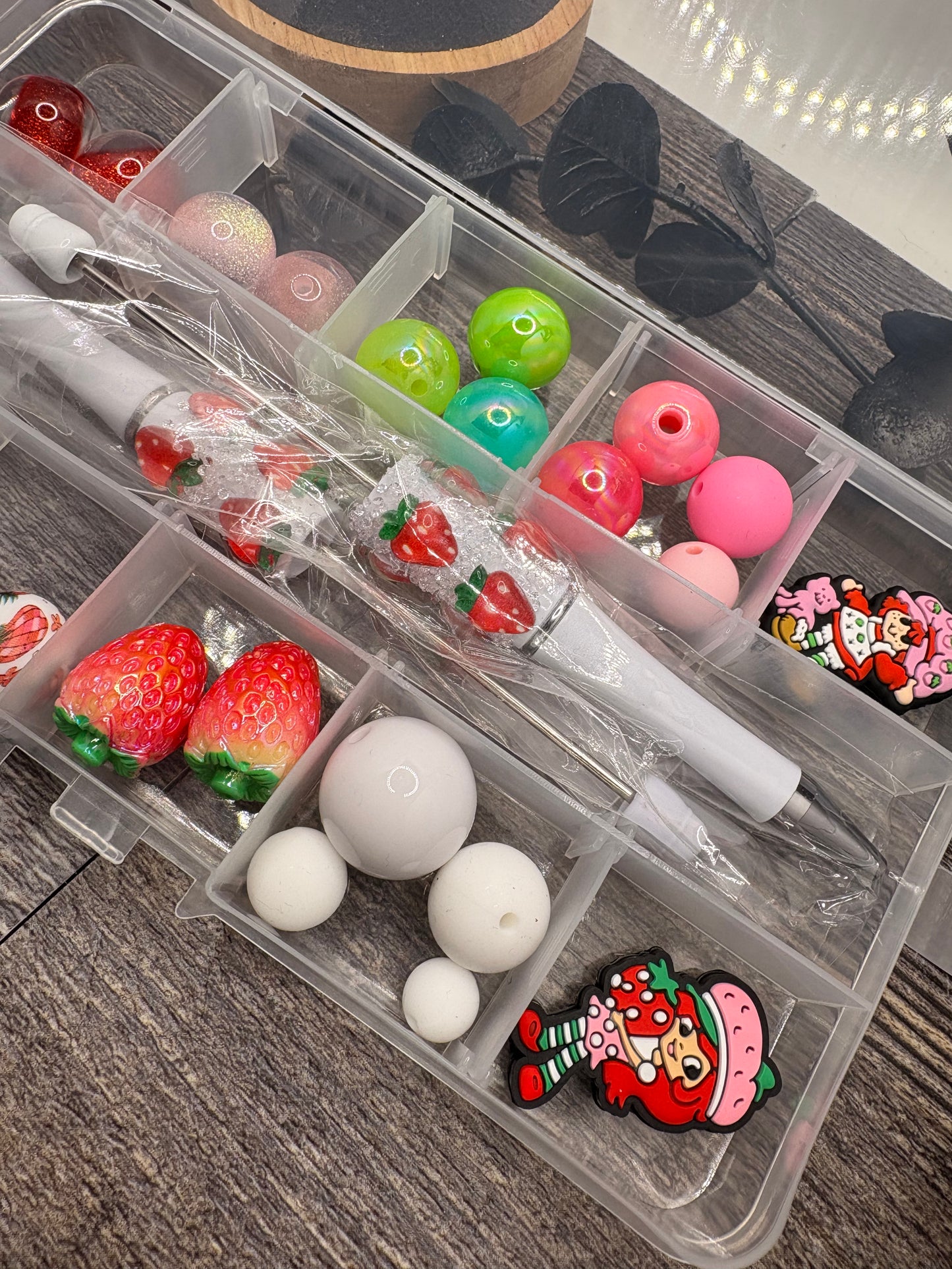 Strawberry Short diy beaded pen kit, 2 pen set, bead mix with silicone focals, 25pc per kit