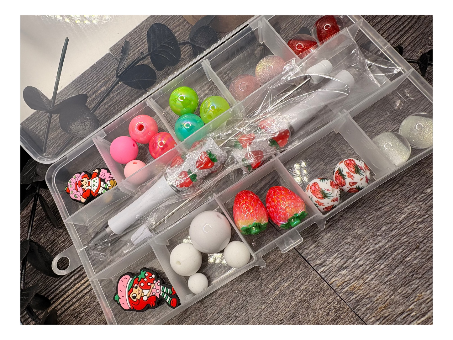 Strawberry Short diy beaded pen kit, 2 pen set, bead mix with silicone focals, 25pc per kit