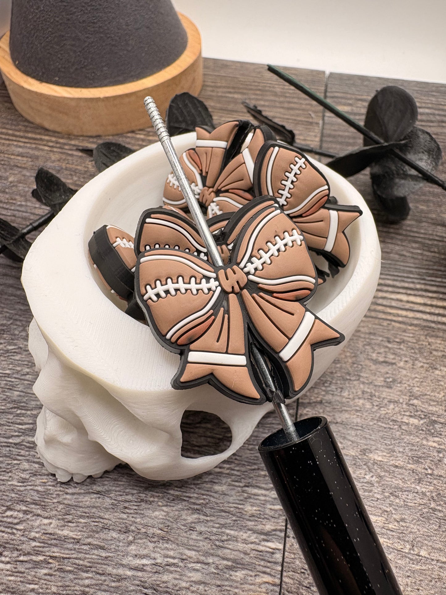 Football Bow bead, silicone focal bead, cute bead for pens, beadable items