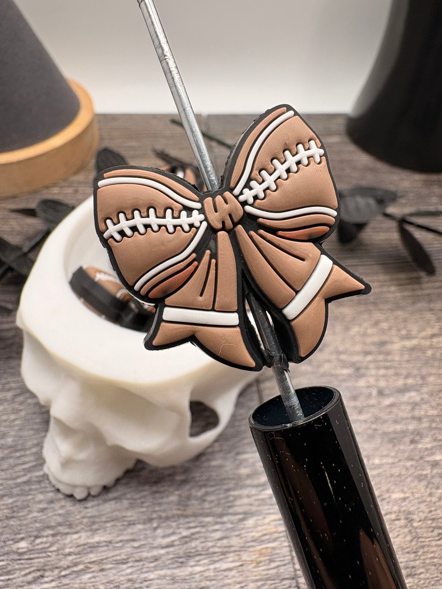 Football Bow bead, silicone focal bead, cute bead for pens, beadable items