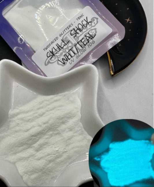 SkullShock Glow white to teal Mica powder, Mica for additives in crafting, White to teal 10g wt