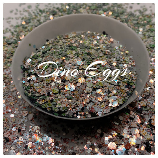 Dino Eggs: speckled color chunky glitter mix, crafting supplies glitter, custom mix, resin supplies, resin glitter, silver green red glitter