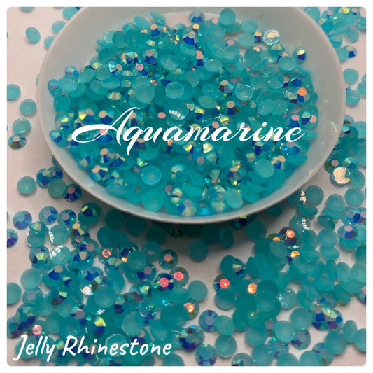 Aquamarine, jelly rhinestones, 1oz by Wt. Teal faceted flat back jelly resin rhinestones, non-hot fix