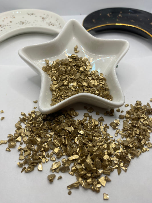 Antiqued glass chips, resin fillers, candle making supplies 1oz by weight, gold colored crushed glass crafting