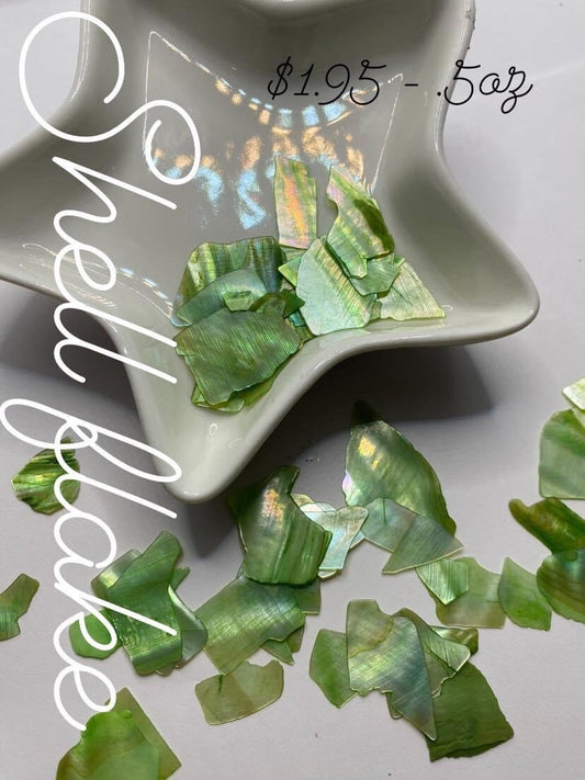 Green dyed mother pearl flake shell, shiny shell flake, resin fillers, candle making supplies .5oz by weight