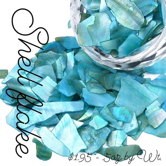 Blue dyed mother pearl flake shell, shiny shell flake, resin fillers, candle making supplies .5 by weight