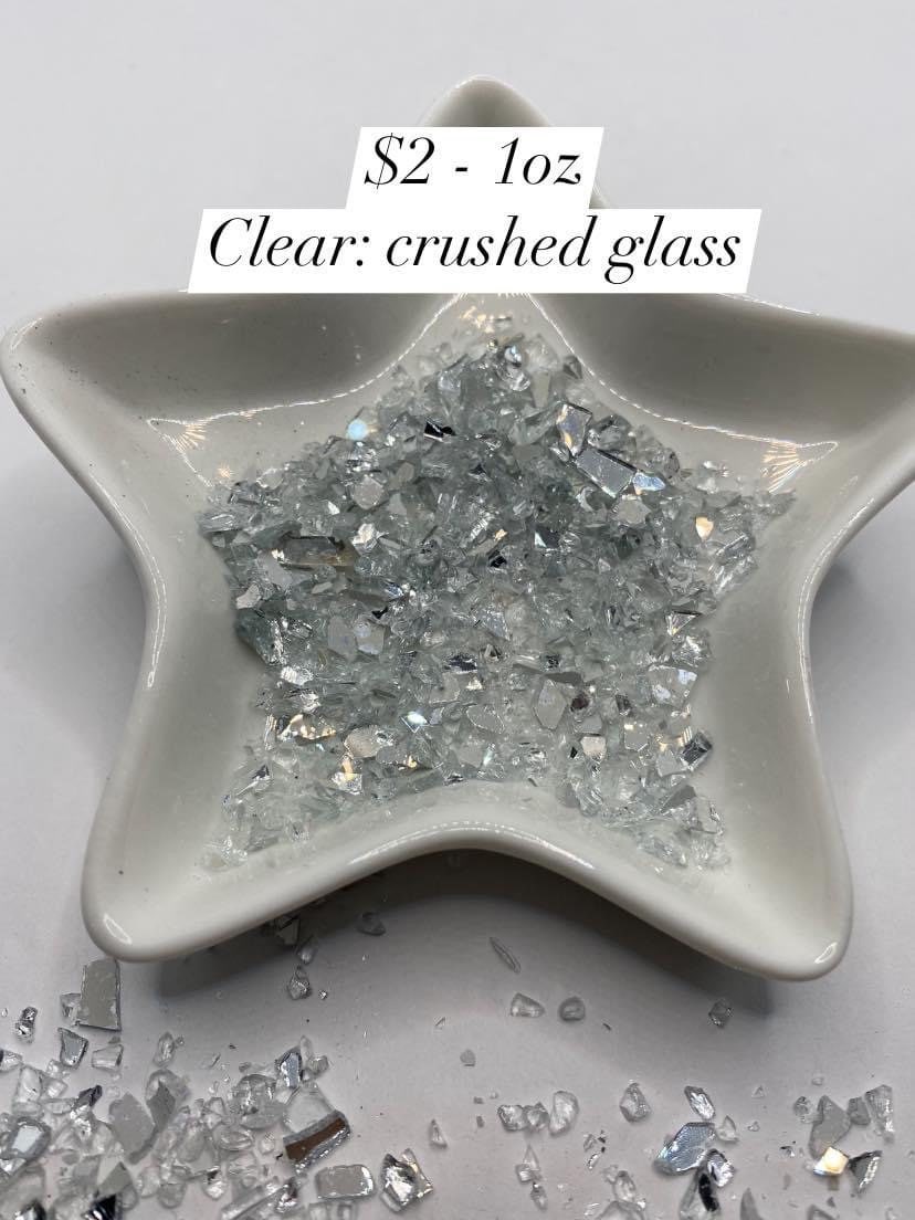 Clear glass chips, resin fillers, candle making supplies 1oz by weight, colored crushed glass crafting