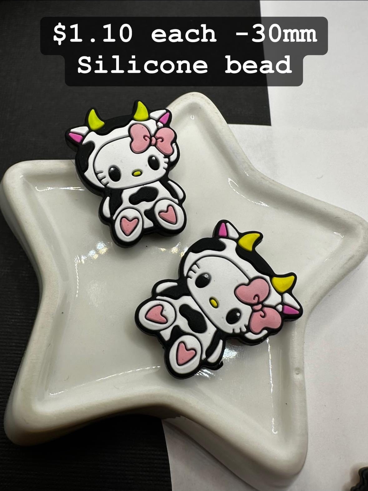 Silicone focal bead, kitty in cow costume bead, cute bead for pens, bead for beadable items, hk bead double sided hello cat silicone bead