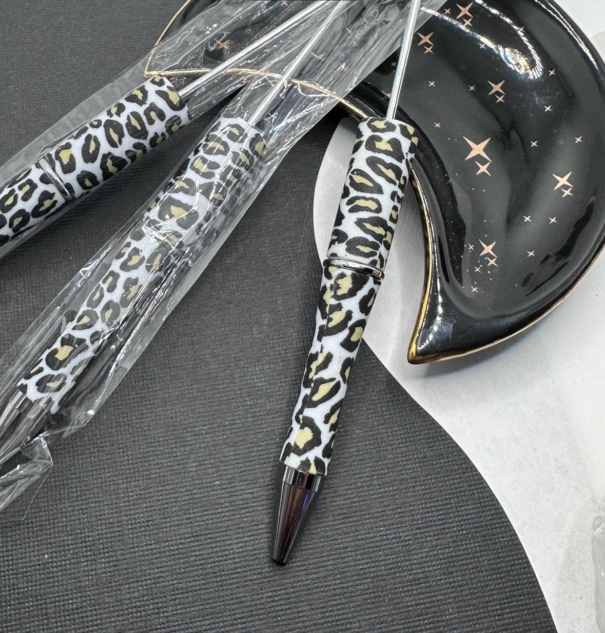 White Cheetah print, Beadable pen blank, black ink, pen for silicone beads, for acrylic beads, pens for crafting, beadable blanks supplies
