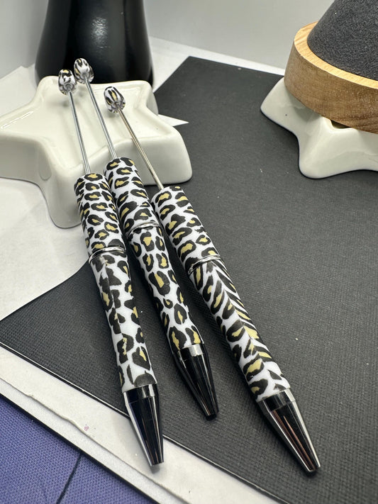 White Cheetah print, Beadable pen blank, black ink, pen for silicone beads, for acrylic beads, pens for crafting, beadable blanks supplies