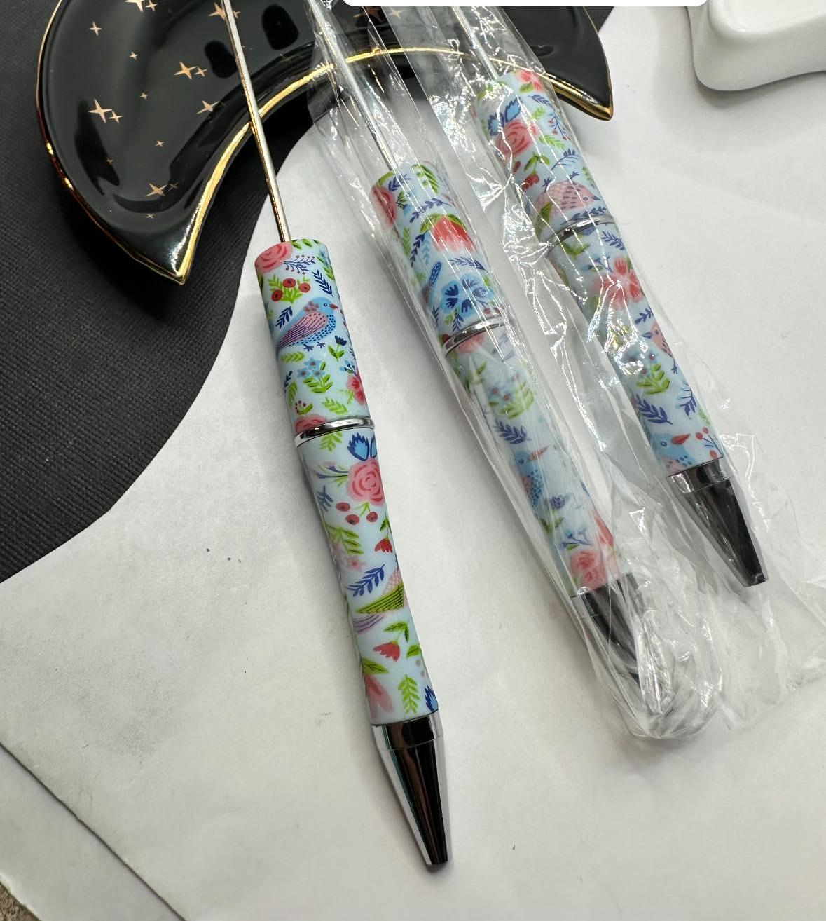 Birds Floral, Beadable pen blank, black ink, pen for silicone beads, for acrylic beads, pens for crafting, beadable blanks supplies