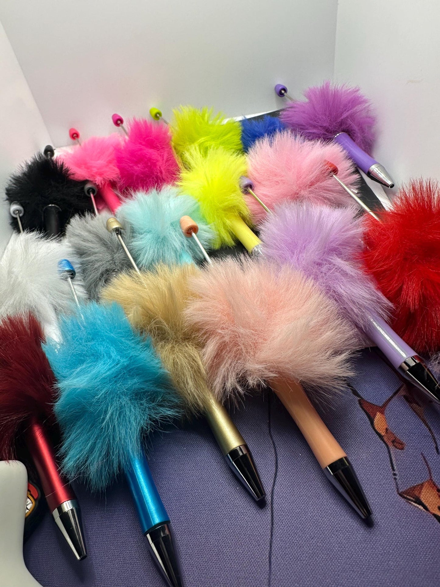 Faux Fur Fluff Pens, Beadable pen blank, black ink, pen for silicone beads, for acrylic beads, pens for crafting, beadable blanks supplies