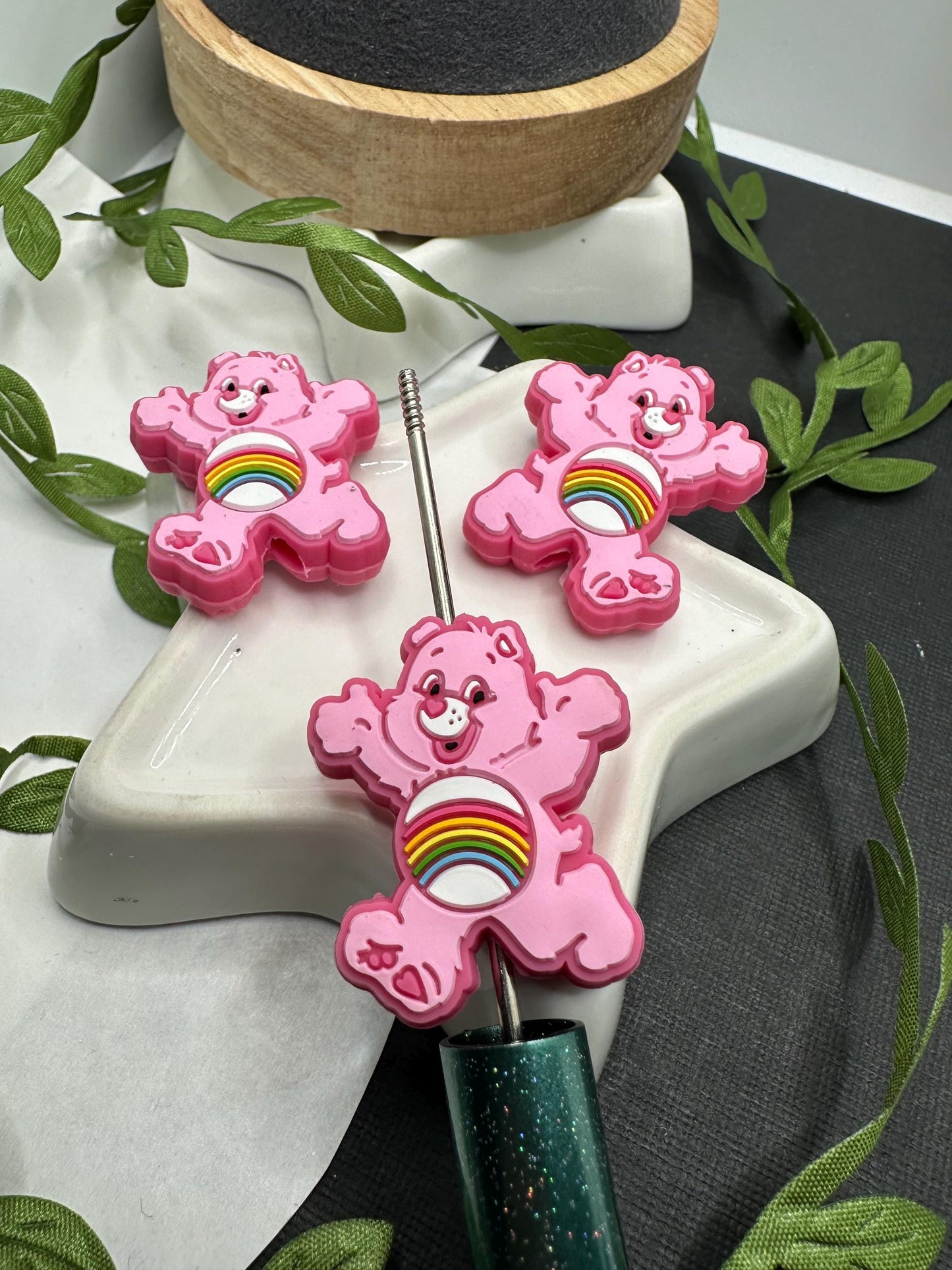 Care Bear Cheer Bear Silicone focal bead, silicone bead, silicone bead for pen, crafting beads, supplies, focal, silicone supply bead 34mm