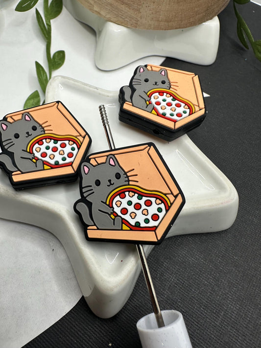 Silicone focal kitty pizza bead, cute bead for pens, bead for beadable items, cat pizza lover bead double sided cat silicone bead, single