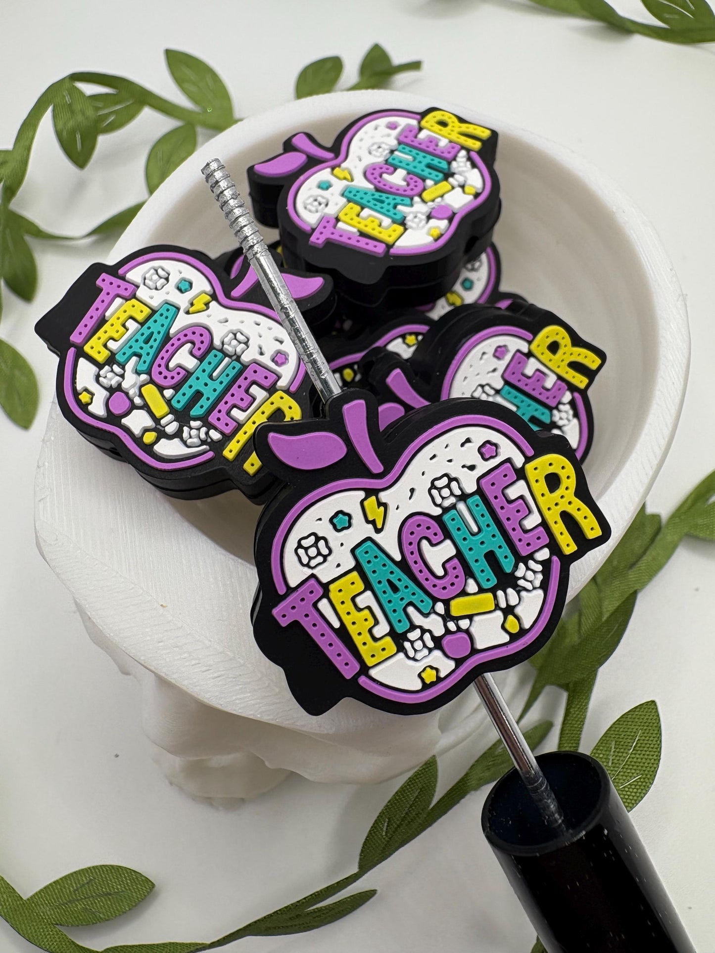 Teacher Apple bead, silicone bead double sided, focal bead, beads for pens, fun beads 1pc, 27mm