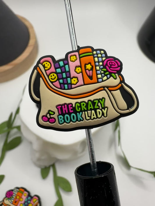 Crazy Book Lady focal bead, silicone bead, silicone bead for pens, crafting beads, supplies, focal, silicone supply bead 24mm